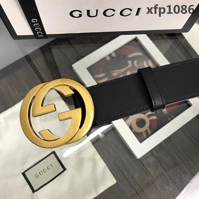 GUCCI古馳 官方經典款 正品規格 原單品質 對版定制皮料 復古烤漆雙G亞黑扣 男士皮帶  xfp1086