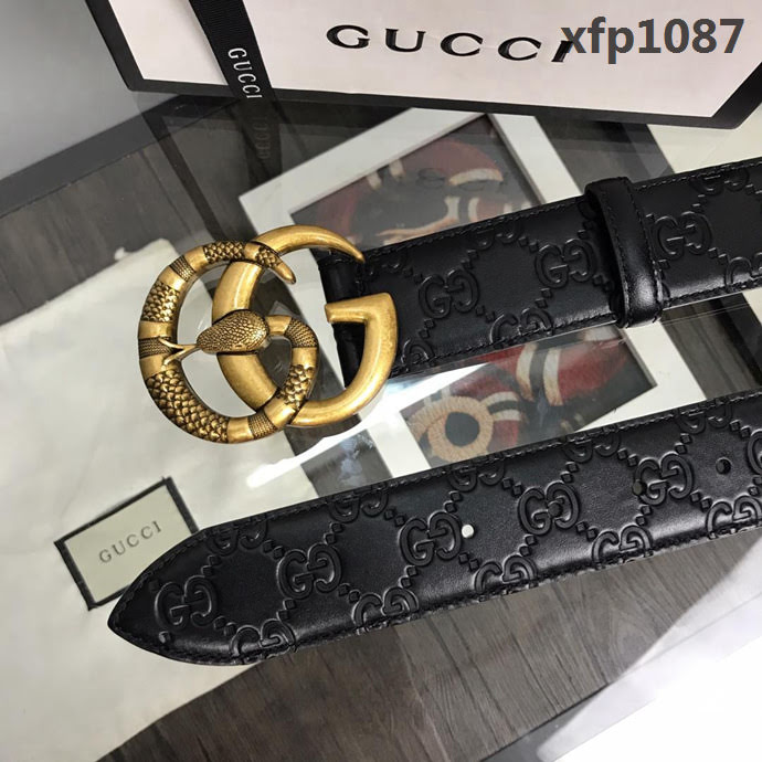 GUCCI古馳 官網新款 正品規格 原單品質 頭層小牛皮壓花 對版尖尾 復古花蛇GG古金扣 男士皮帶  xfp1087