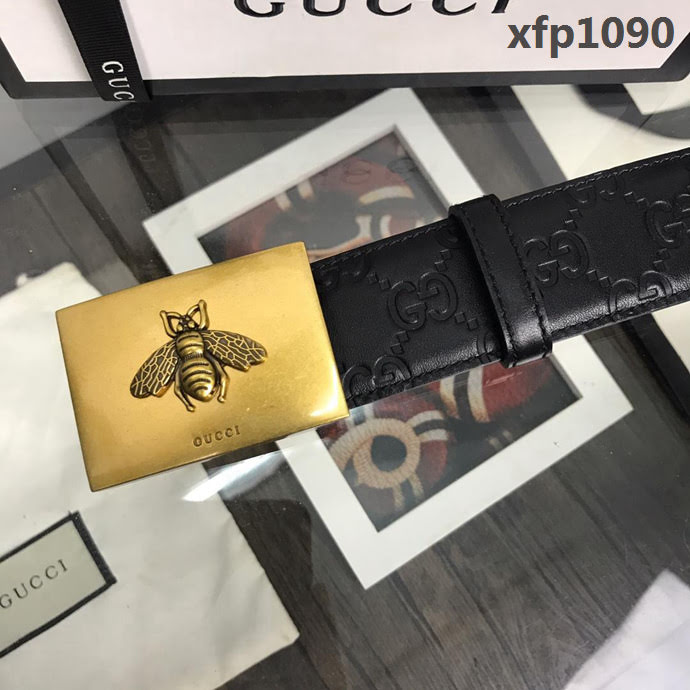 GUCCI古馳 官網新款 正品規格 原單品質 頭層小牛皮壓花 對版尖尾 復古蜜蜂板扣 男士皮帶  xfp1090