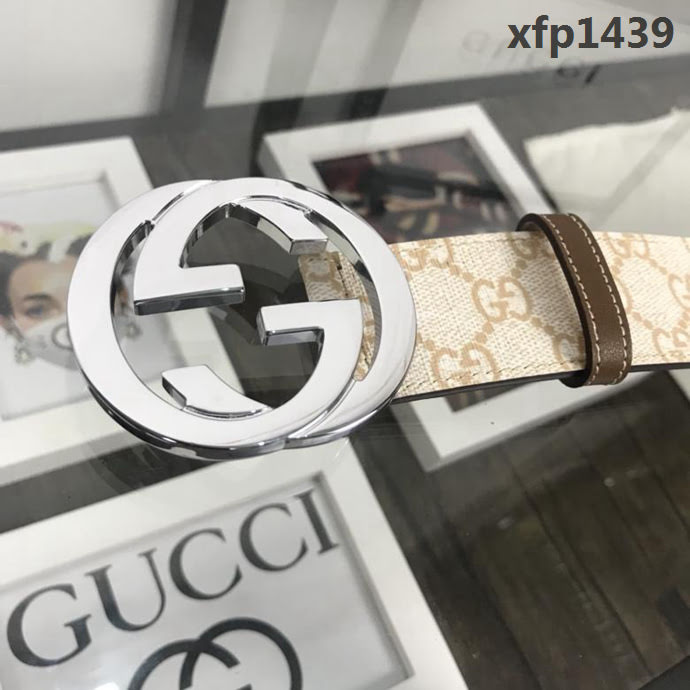 GUCCI古馳 官網經典款 原單品質 專櫃PVC新花色 米白提花面料 雙G拋光亮面扣 男士皮帶  xfp1439