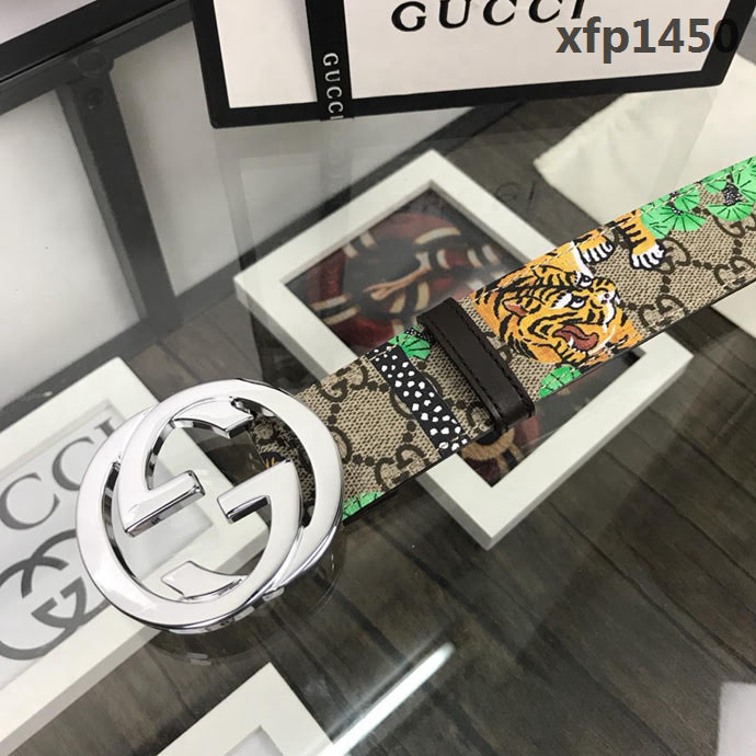 GUCCI古馳 官網經典 原單品質 對版孟加拉虎面料 咖啡色牛皮底 雙G拋光亮面扣 男士皮帶  xfp1450