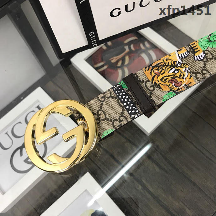 GUCCI古馳 官網經典 原單品質 對版孟加拉虎面料 咖啡色牛皮底 雙G拋光亮面扣 男士皮帶  xfp1451