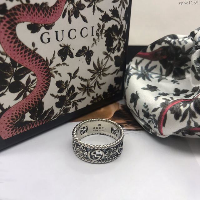 GUCCi飾品 古馳925銀鏤空時尚個性花紋圖案日韓情侶戒 Gucci鏤空戒指  zgbq1169