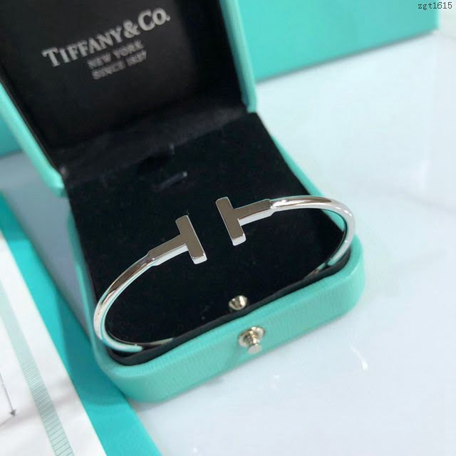 Tiffany純銀飾品 蒂芙尼女士專櫃爆款雙T帶鑽手鐲 Tiffany空心彈簧管925開口手鐲  zgt1615