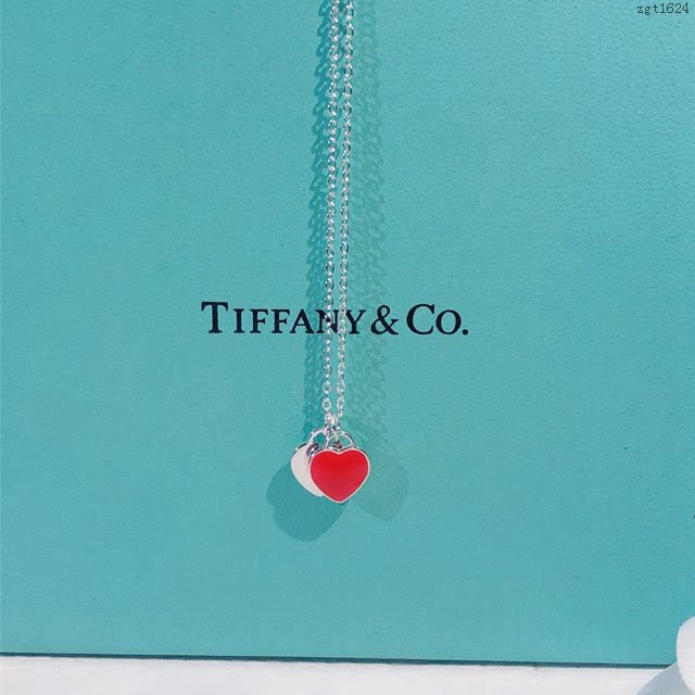 Tiffany純銀飾品 蒂芙尼女士專櫃爆款925純銀櫻花粉藍色雙心琺瑯項鏈  zgt1624