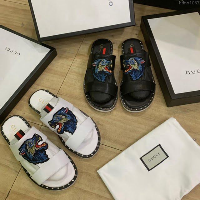 GUCCI男鞋 Gucci爆款拖鞋 專櫃同步發售 牛皮刺繡鞋面 夏季爆單品 古馳男士真皮拖鞋  hdnx1057