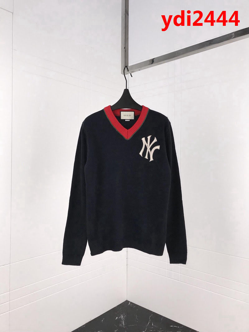 GUCCI古馳 18ss官網同步 NY系列毛衣 領邊紅藍拼接 刺繡大NY字母 藏藍色 高版本情侶款 ydi2444