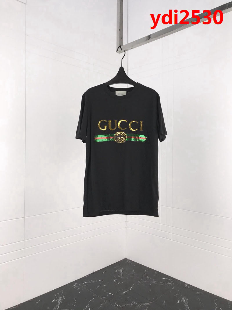 GUCCI古馳 19ss早春新款 燙金亮片LOGO頭短袖 雙股絲光棉面料 定制原版珠片 高版本情侶款 ydi2530