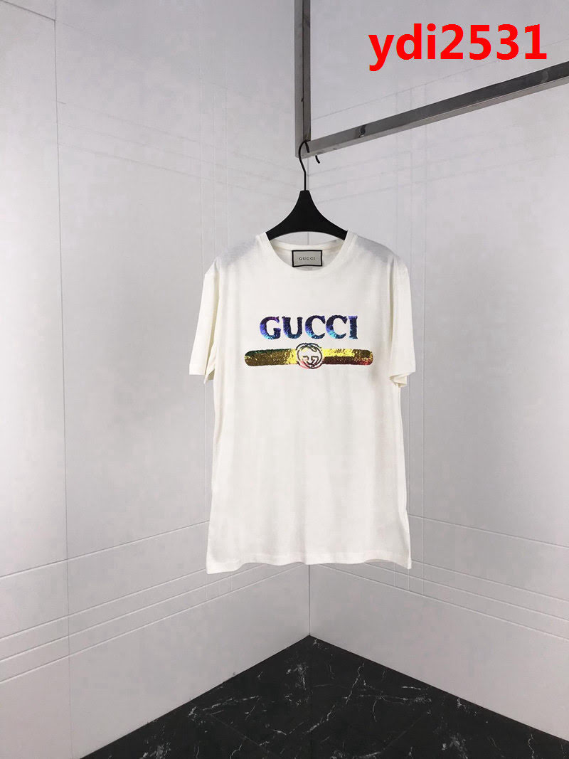 GUCCI古馳 19ss早春新款 燙金亮片LOGO短袖 定制原版珠片 水洗米白色 高版本情侶款 ydi2531