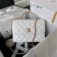 Chanel專櫃23p新款手柄手提女包 AS3908 香奈兒白色羊皮彩色鏈條女包 djc5233