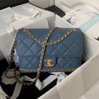 Chanel專櫃新款鏈條單肩斜挎女包 香奈兒23kAS4489黑金荔枝牛皮口蓋包 djc5934