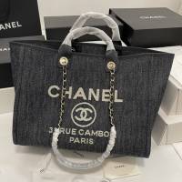 Chanel專櫃新款tote bag女包 香奈兒小號牛仔黑色沙灘包 djc6870