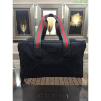 GUCCI 古馳男包 新款 153240 黑色 高級人造帆布 黑色紅色織帶手提 方形包