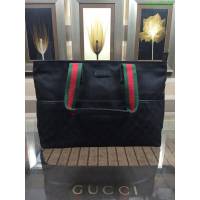 GUCCI 古馳男包 新款 153240 黑色 高級人造帆布 黑色紅色織帶手提 休閒購物包