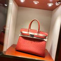 Hermes女包 愛馬仕Birkin30cm Hermes鉑金包 Ostrich鴕鳥皮 全手縫蠟線 S5 Rouge Tomate番茄紅  am1896