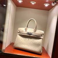 Hermes女包 愛馬仕Birkin30cm Hermes鉑金包 Ostrich鴕鳥皮 全手縫蠟線 3C Parchmin羊毛白銀扣  am1900