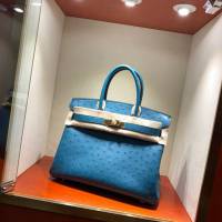 Hermes女包 愛馬仕Birkin30cm Hermes鉑金包 Ostrich鴕鳥皮 全手縫蠟線 S7 Blue Galice加利西亞藍  am1904