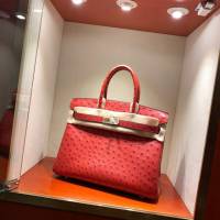 Hermes女包 愛馬仕Birkin30cm Hermes鉑金包 Ostrich鴕鳥皮 全手縫蠟線 Q5 Rouge Casaqbe中國紅  am1905