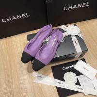 Chanel專櫃經典款女士拼色涼鞋 香奈兒時尚slingback拼色涼鞋平跟鞋中跟鞋 dx2587