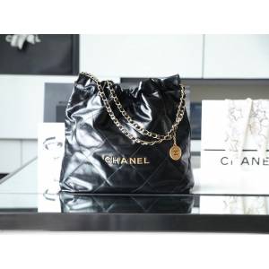 Chanel專櫃新款鏈條22bag女包 香奈兒中號黑色金扣垃圾袋 djc6891