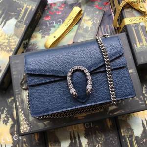 Gucci包 古馳女包 476430寶藍全皮 Gucci真皮鏈條超迷你斜挎包 Gucci酒神包  gudj1355