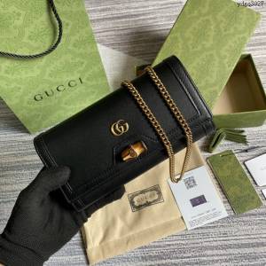 Gucci新款女包 古馳WOC黑色全皮小挎包 竹節鎖扣 Gucci2021新款鏈條錢包 658243  ydg3027