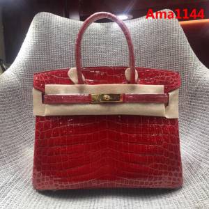 HERMES愛馬仕 鉑金包 Birkin 30cm 法拉利紅 金扣 進口鱷魚 老工匠 純手工縫製 時尚手提包  Ama1144