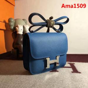 HERMES愛馬仕 空姐包 constance 松石藍 EPSOM 18cm 銀扣 蠟線縫製 單肩斜挎包  Ama1509