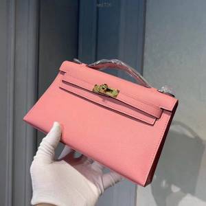 Hermes女包 愛馬仕Kelly pochette一代手包 原廠epsom皮 奶昔粉/金扣 手工蠟線 Hermes手提女包  am1736