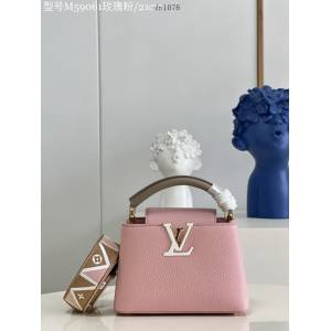 LV專櫃2023新款荔枝紋牛皮手提女包 M59061玫瑰粉 路易威登Capucines迷你手袋 dn1076
