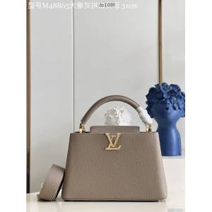 LV專櫃2023新款大象灰拼白貝母大號手提女包 M48865 路易威登Capucines MM手袋 dn1096