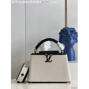 LV專櫃2023新款Capucines BB手袋 M48865黑拼帆布刺繡 路易威登Capucines搭蓋手提肩背女包 dn1126