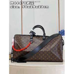 LV專櫃2023新款KEEPALL 50旅行袋 M44471老花 路易威登Monogram花紋搭配啞光橘色鏈帶旅行包 dn1153