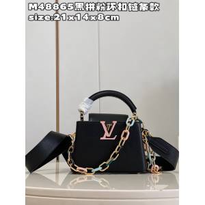 LV專櫃2023新款Capucines迷你手袋 M48865黑拼粉環扣鏈條款 路易威登Taurillon皮革手提肩背女包 dn1254