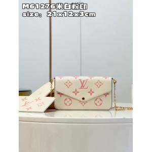 LV專櫃2023新款Pochette Félicie鏈條包 M61276米白粉印 路易威登信封式小號斜挎女包 dn1421