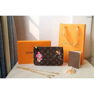 lv錢包 POCHETTE DOUBLE ZIP鏈條錢夾 M67561 太陽花 粉  lvqb1009