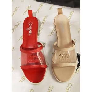 Chanel女鞋 香奈兒專櫃新品 原版透明水晶跟 小香一字拖鞋  naq1032