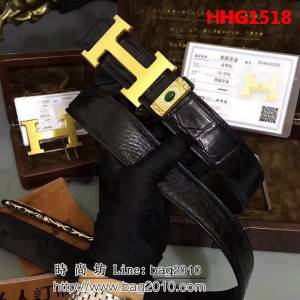 愛馬仕HERMES 黃金系列 24KGold純黃金扣頭 純手工美洲鱷魚皮高端男士皮帶 HHG1518