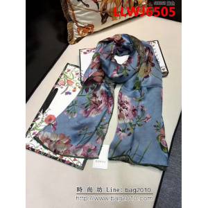 GUCCI古馳經典款 天竺葵雙層雙面印花蠶絲長圍巾 688068 LLWJ6505